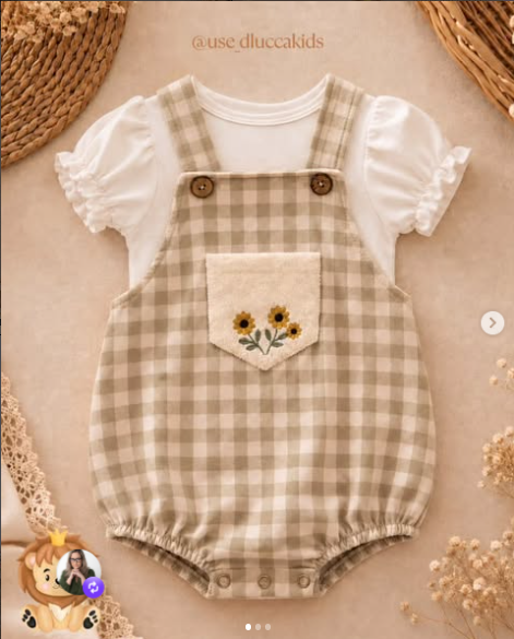 Look infantil xadrez bege com flores