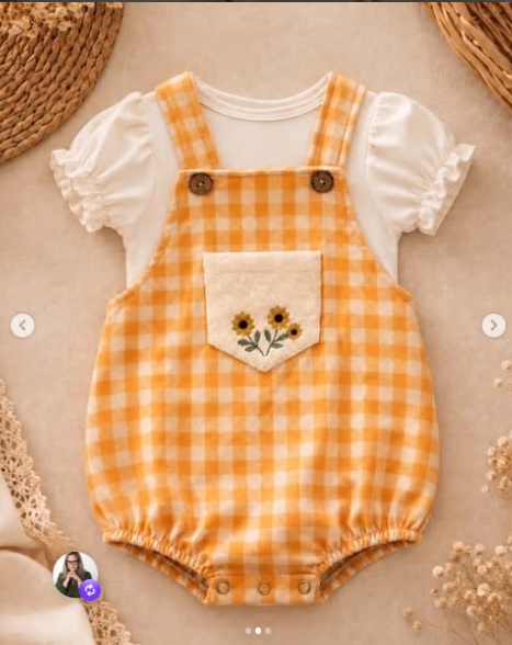 Look infantil xadrez laranja com flores