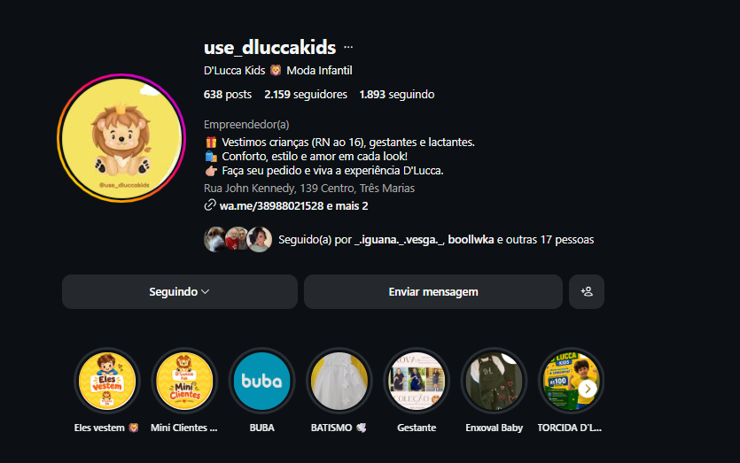 Prévia do perfil da D'Lucca Kids no Instagram